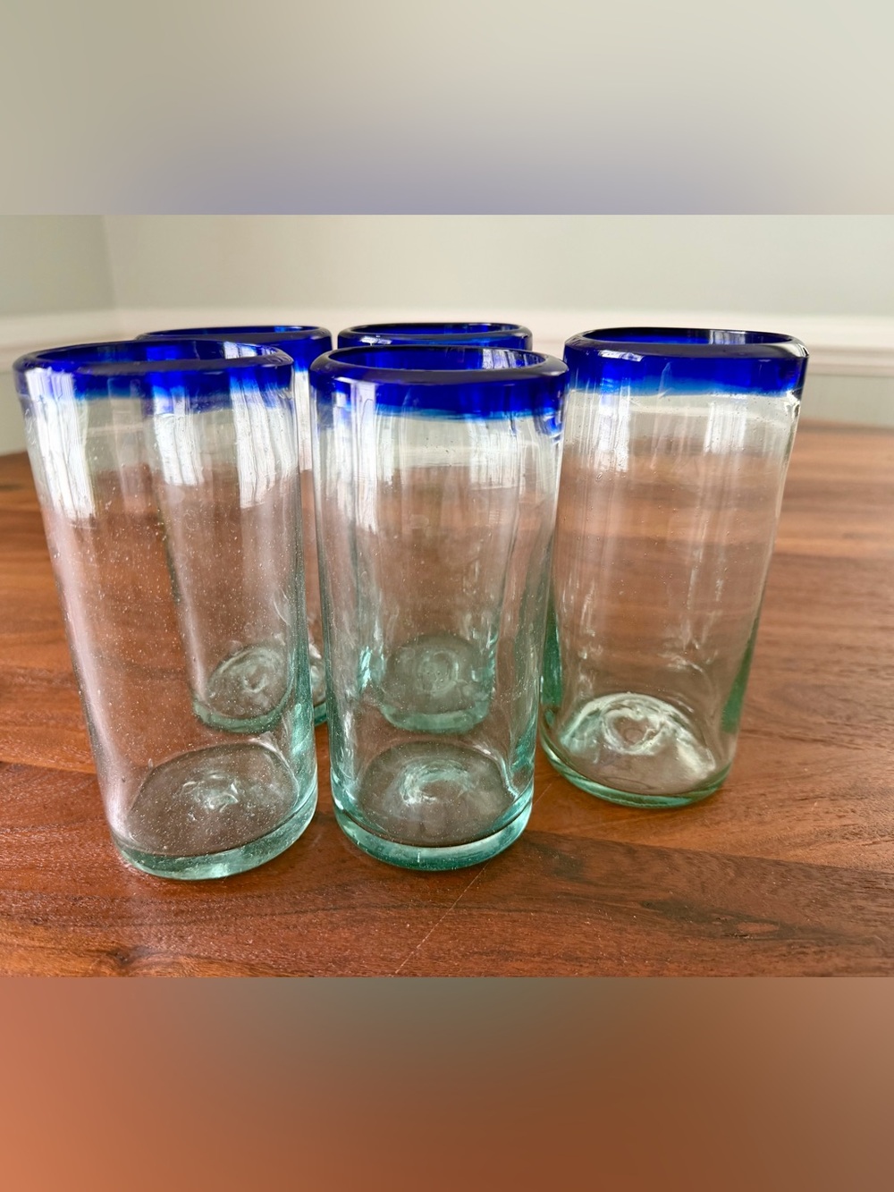 Set of 5 Vintage Hand Blown Highball Glasses Cobalt Blue Rim Lt Green Glass ~6”